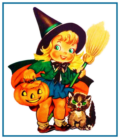Halloween Little Witch Pumpkin Counted Cross Stitch Pattern
