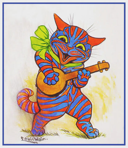 Louis Wain's Striped Kitty Cat Playing Banjo Counted Cross Stitch Chart Pattern DIGITAL DOWNLOAD