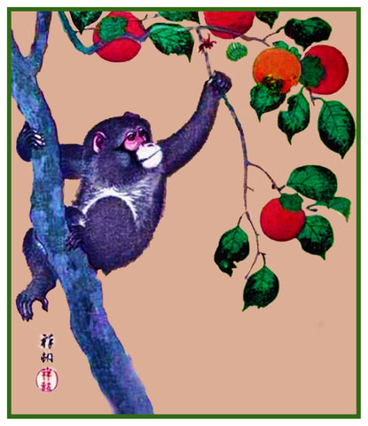 Japanese Artist Ohara Shoson's  Monkey in a Persimmon Tree Counted Cross Stitch Pattern