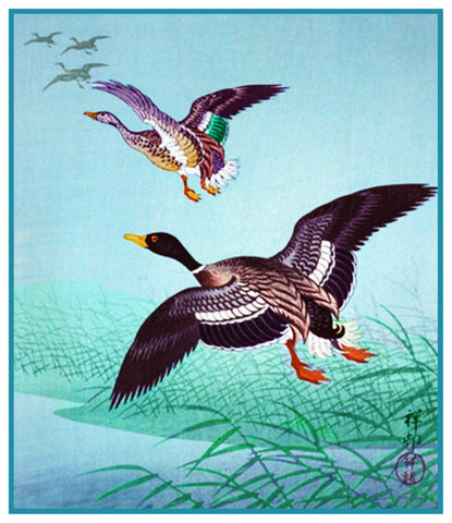 Japanese Artist Ohara Shoson's Birds Wild Geese in Flight Counted Cross Stitch Pattern
