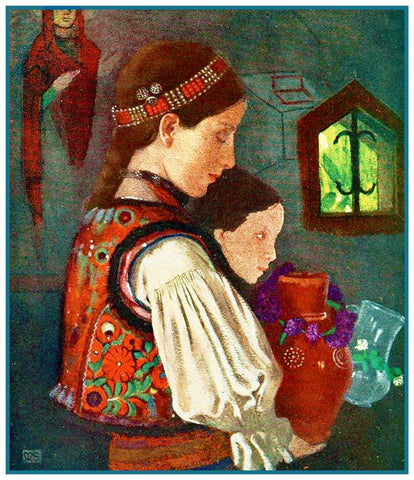 Romanian Children Bringing Water by Marianne Stokes Counted Cross Stitch Pattern