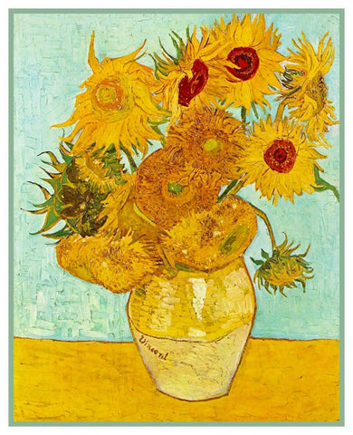 Vase of Sunflowers Teal Background by Vincent Van Gogh Counted Cross Stitch Pattern DIGITAL DOWNLOAD