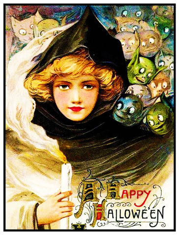 Vintage Halloween Girl with Skulls Counted Cross Stitch Pattern