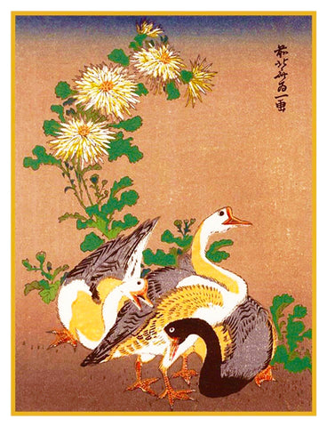 Japanese Hokusai Geese Chrysanthemums Counted Cross Stitch Chart Pattern
