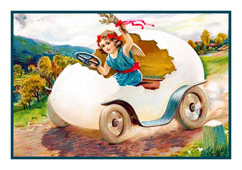Vintage EasterYoung Girl in Her Egg Buggy Counted Cross Stitch Pattern