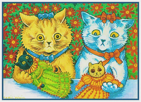 Louis Wain's Kitty Cats Playing with Dollies Counted Cross Stitch Chart Pattern DIGITAL DOWNLOAD