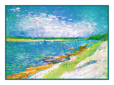 View of the River with Rowing Boats inspired by Impressionist Vincent Van Gogh's Painting Counted Cross Stitch Pattern