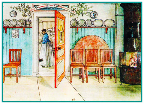 Anna in Kitchen inspired by Swedish Carl Larsson  Counted Cross Stitch Pattern