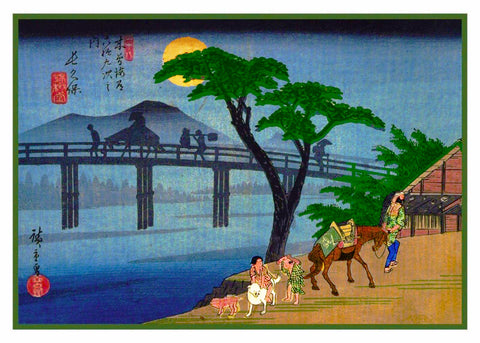 Japanese Man on a Horse on Bridge Hiroshige Counted Cross Stitch Pattern