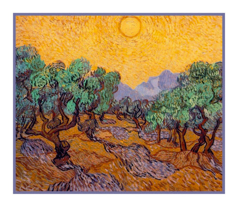 Olive Trees Yellow Sky inspired by Impressionist Vincent Van Gogh's Painting Counted Cross Stitch Pattern