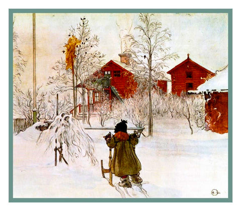 Scandinavian Carl Larsson Yard Wash House in Snow Counted Cross Stitch Pattern