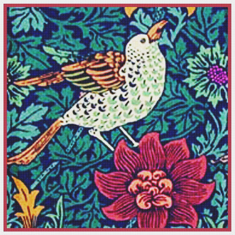 Bird Red Anemone Flower detail by William Morris Design Counted Cross Stitch Pattern