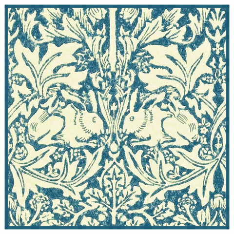 Brother Rabbits Hares in Blues by William Morris Design Counted Cross Stitch Pattern