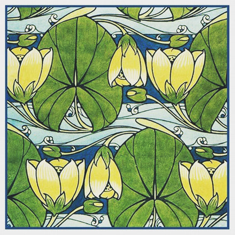 Art Nouveau Water Lilies Inspired from a Textile from Harry Napper Counted Cross Stitch Pattern  DIGITAL DOWNLOAD