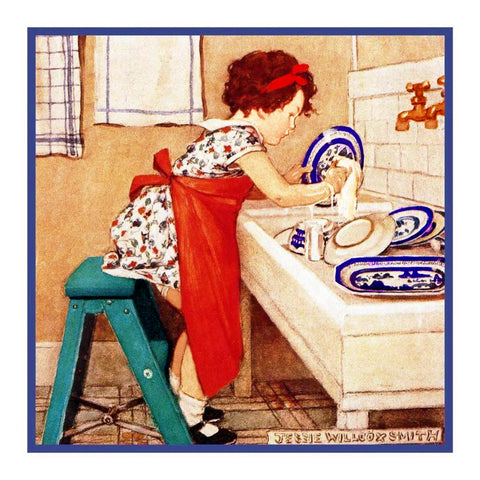 Little Miss Washing Dishes By Jessie Willcox Smith Counted Cross Stitch Pattern