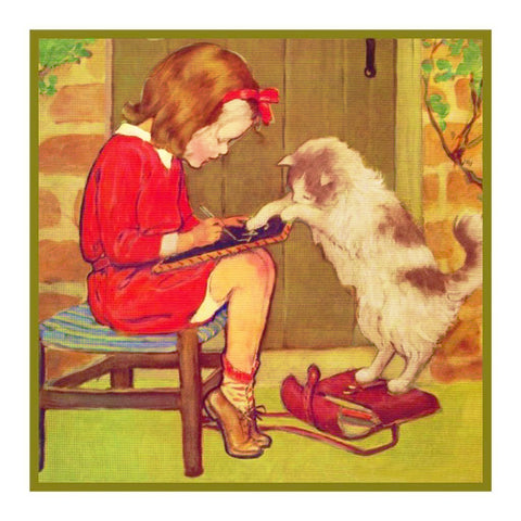 Kitty Helping with Homework By Jessie Willcox Smith Counted Cross Stitch Pattern