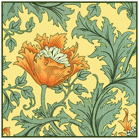 Orange Anemone Flower Acanthus Vine William Morris Design Counted Cross Stitch Pattern