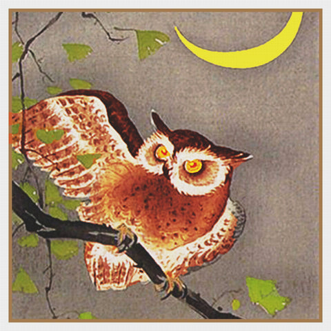Japanese Artist Ohara (Koson) Shoson's Owl Crescent Moon Detail Counted Cross Stitch Pattern