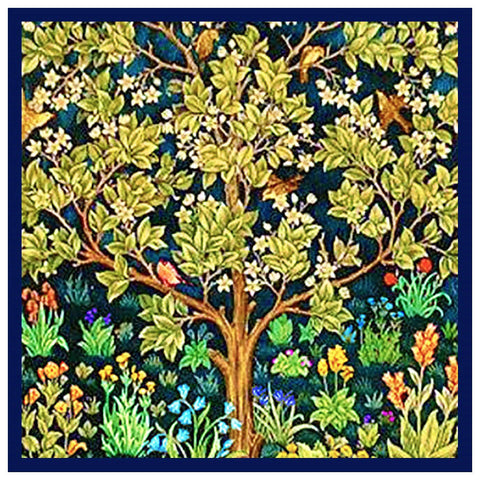 William Morris Square Tree Of Life Blue Background Design Counted Cross Stitch Pattern