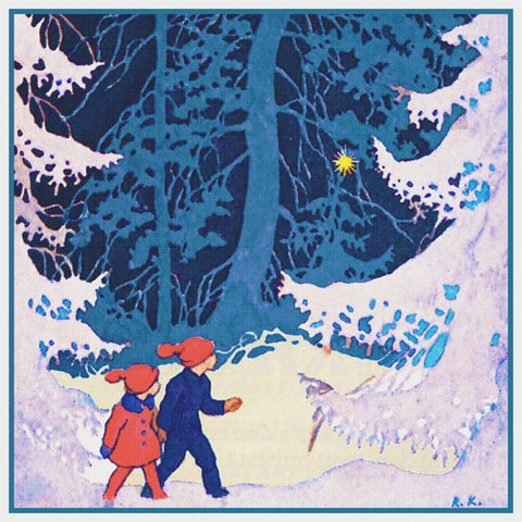 Children on a Walk on Snowy Evening by Rudolf Koivu Counted Cross Stitch Pattern DIGITAL DOWNLOAD