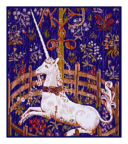 Unicorn in Captivity Antique Blue Background Inspired by The Hunt for the Unicorn Tapestries Counted Cross Stitch Pattern