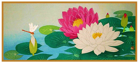 Japanese Artist Ohara Shoson's Lotus Flower and a Dragonfly Counted Cross Stitch Pattern