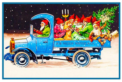 Elves Gnomes Delivering Presents in a Truck Jenny Nystrom Holiday Christmas Counted Cross Stitch Pattern DIGITAL DOWNLOAD
