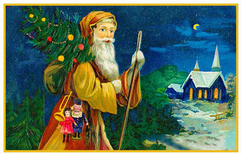 Victorian Father Christmas Santa with a Tree Church at Night Counted Cross Stitch Pattern