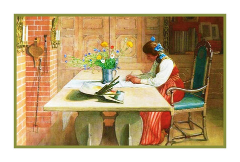 Scandinavian Carl Larsson Hilda Writing Desk Counted  Cross Stitch Chart Pattern