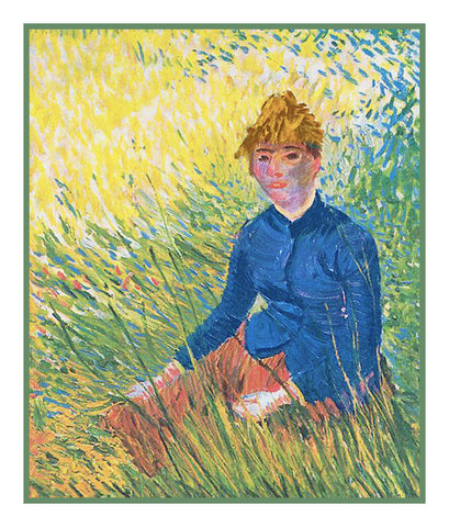 Woman Sitting in the Grass inspired by Impressionist Vincent Van Gogh's Painting Counted Cross Stitch Pattern