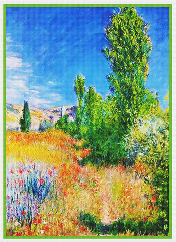 Landscape Ile Saint-Martin Vetheuil inspired by Claude Monet's impressionist painting Counted Cross Stitch Pattern