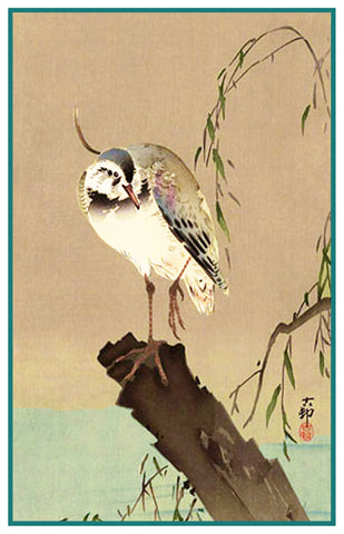 Japanese Artist Ohara Shoson's Lapwing Bird on a Tree Stump Counted Cross Stitch Pattern