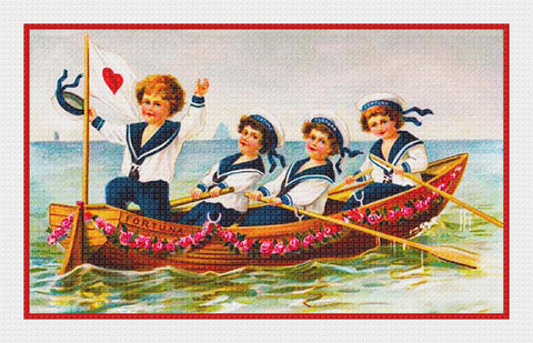 Victorian Sailor Boys Rowing Valentine from Antique Card Counted Cross Stitch Pattern