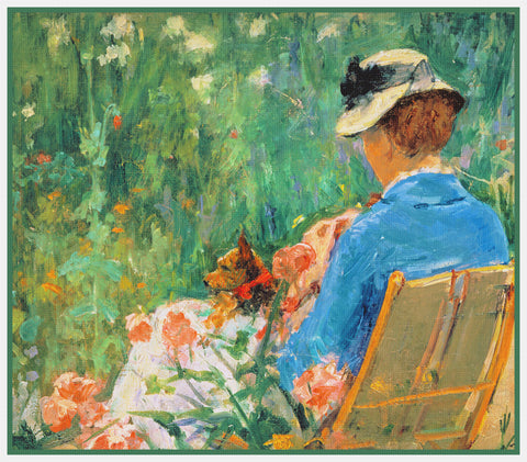 Lydia in the garden with a dog in her lap by American impressionist artist Mary Cassatt Counted Cross Stitch Pattern