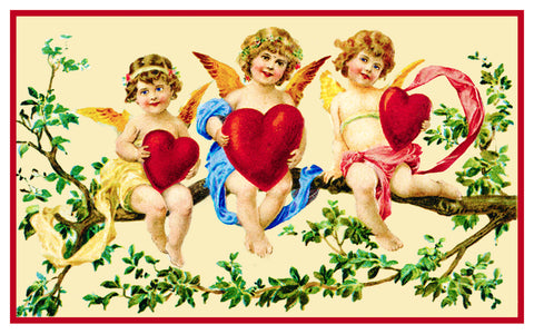 Victorian 3 Angels Cupids on a Tree Branch with Hearts Valentine from Antique Card Counted Cross Stitch Pattern