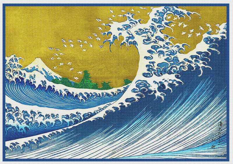Japandi 掛軸 墨絵160✖️24 The Colorized Wave Kanagawa by Japanese artist Katsushika Hokusai
