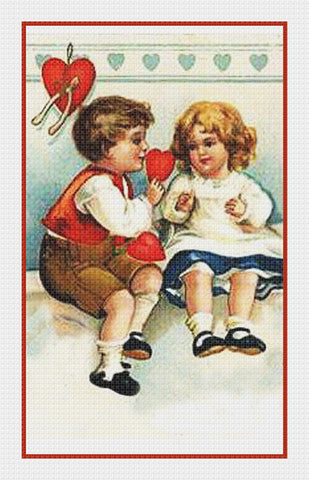 Victorian Valentine Boy Giving Girl a Valentine Counted Cross Stitch Pattern