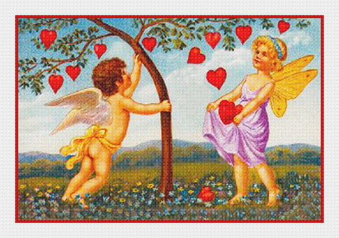 Victorian Cupid Shaking Hearts from a Tree Valentine from Antique Card Counted Cross Stitch Pattern