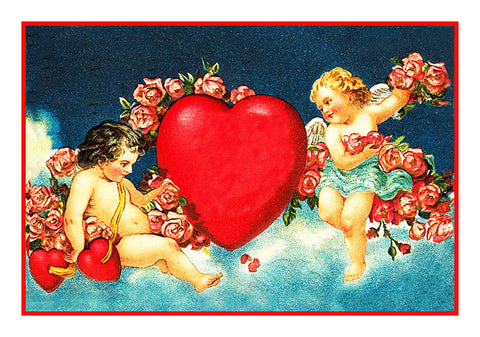 Victorian 2 Cupids with Heart and Roses from Antique Card Counted Cross Stitch Pattern