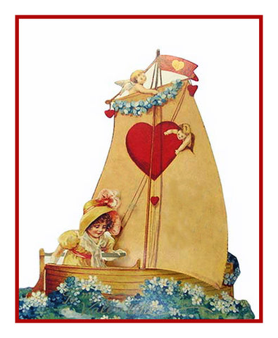 Victorian Vintage Valentine Girl on a Sailboat Hearts Counted Cross Stitch Pattern