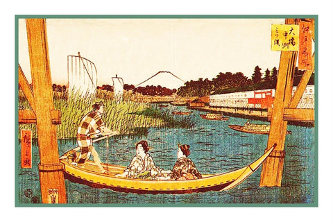 Japanese Hiroshige's Boats at Ohashi Bridge Counted Cross Stitch Pattern