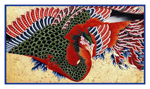 Asian Hokusai Japanese Phoenix detail Woodblock Counted Cross Stitch Pattern