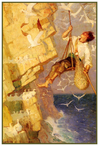 Man Climbing a Cliff or Craig by N.C.Wyeth Counted Cross Stitch Pattern