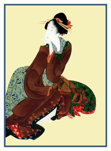 Japanese Hokusai Kimono Woman Sitting Counted Cross Stitch Chart Pattern