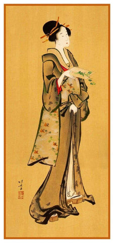 Asian Hokusai Japanese Beauty with Flower Woodblock Counted Cross Stitch Pattern