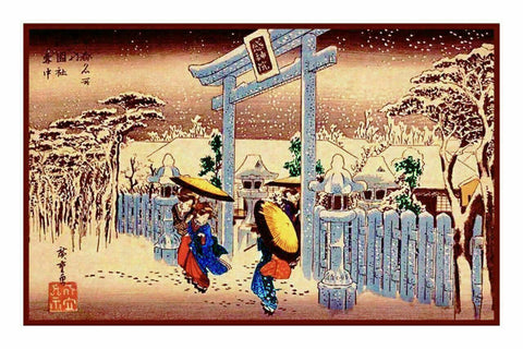 Japanese Hiroshige Gion Shrine Temple Snow Asian Counted Cross Stitch Pattern