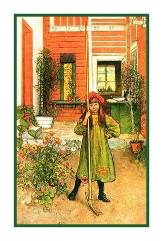 Scandinavian Carl Larsson Hilda Raking in Garden Counted Cross Stitch Pattern DIGITAL DOWNLOAD