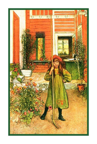 Scandinavian Carl Larsson Hilda Raking in Garden Counted Cross Stitch Pattern