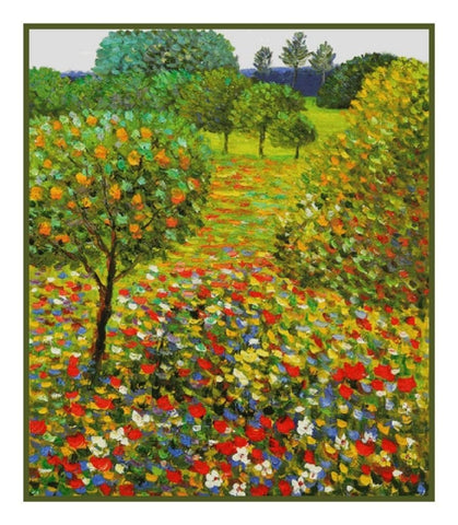 Gustav Klimt Field of Poppies Flowers Art Nouveau Counted Cross Stitch Pattern DIGITAL DOWNLOAD