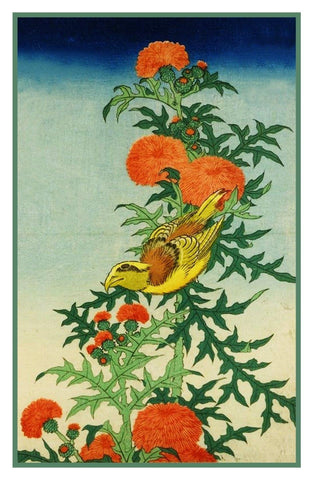 Japanese Hokusai Shrike Bird Thistle Counted Cross Stitch Chart Pattern